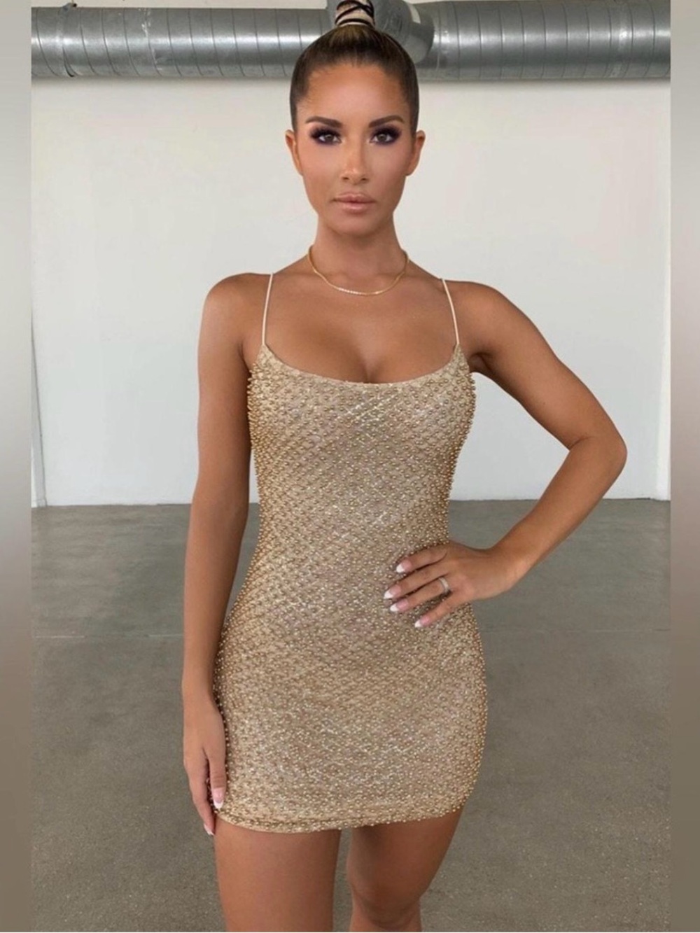 Oh Polly Gold Sequin Spaghetti Strap Mini Dress